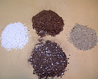 From left to right, perlite, sphagnum peat moss and vermiculite are primary ingredients of peat moss based potting soils such as ProMix, bottom.
